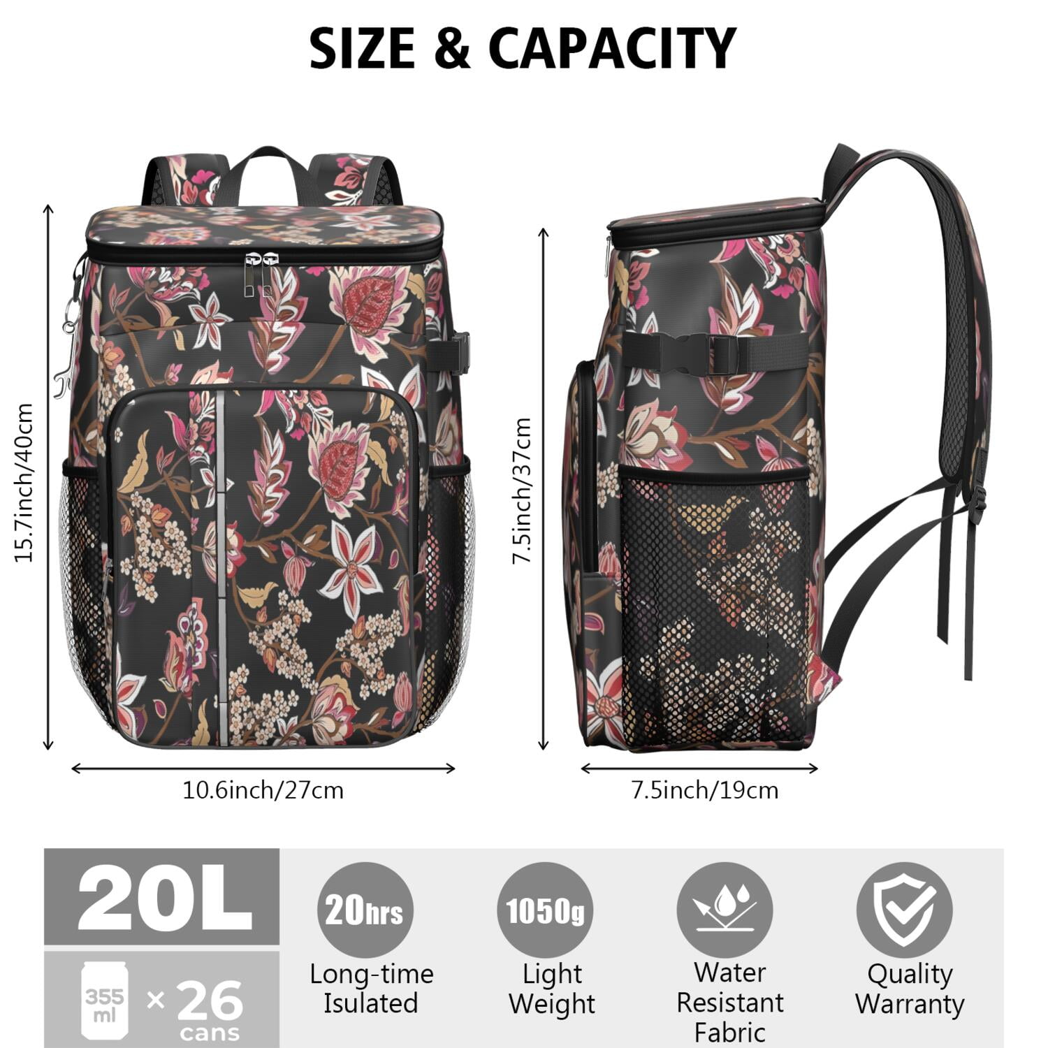 Travel Cooler Bag - Pioneer Flower Floral Print Pattern Camping Beer Cooler Backpack with Bottle Opener- Waterproof Insulated Picnic Backpacks - Cooler Bag for Beach