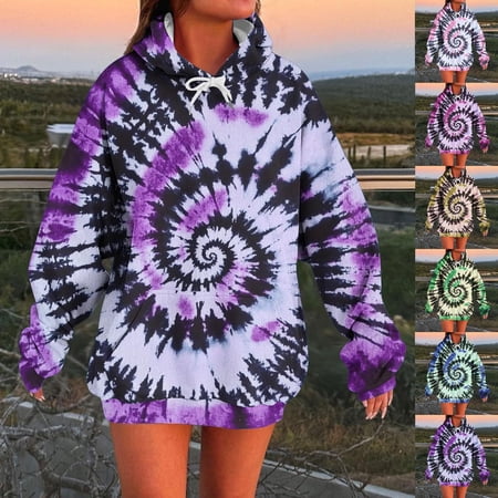 Idoravan Lightweight Hoodies for Women Front Pocket Women s Tie Dye Printing Blouses Hooded Sweatshirts Long Sleeved Pocket Fashion Loose Hoodie Blue M