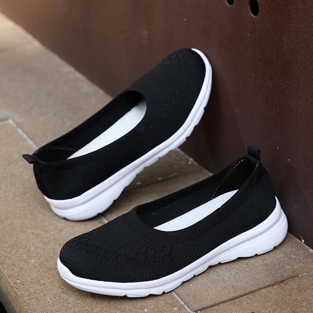 Mujeres mocasines tejidos zapatos deslizantes de malla dedo redondo de mocasines planos y transpirables zapatos para caminar al aire libre para caminar al aire libre
