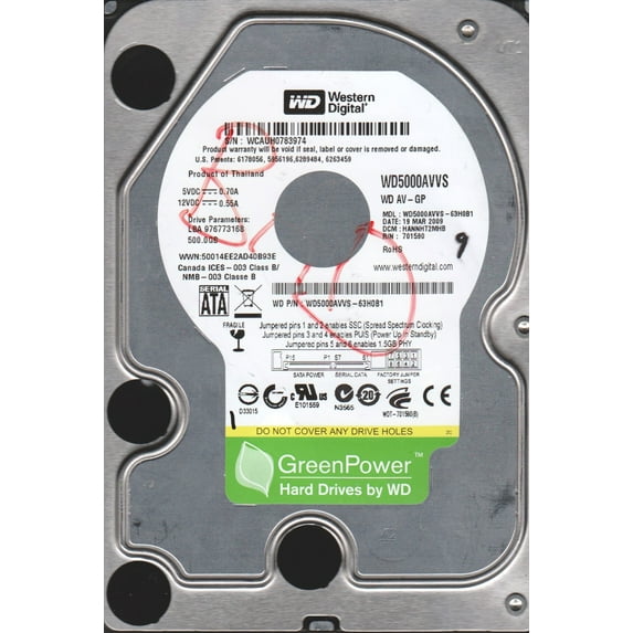WD5000AVVS-63H0B1, DCM HANNHT2MHB, Western Digital 500GB SATA 3.5 Hard Drive