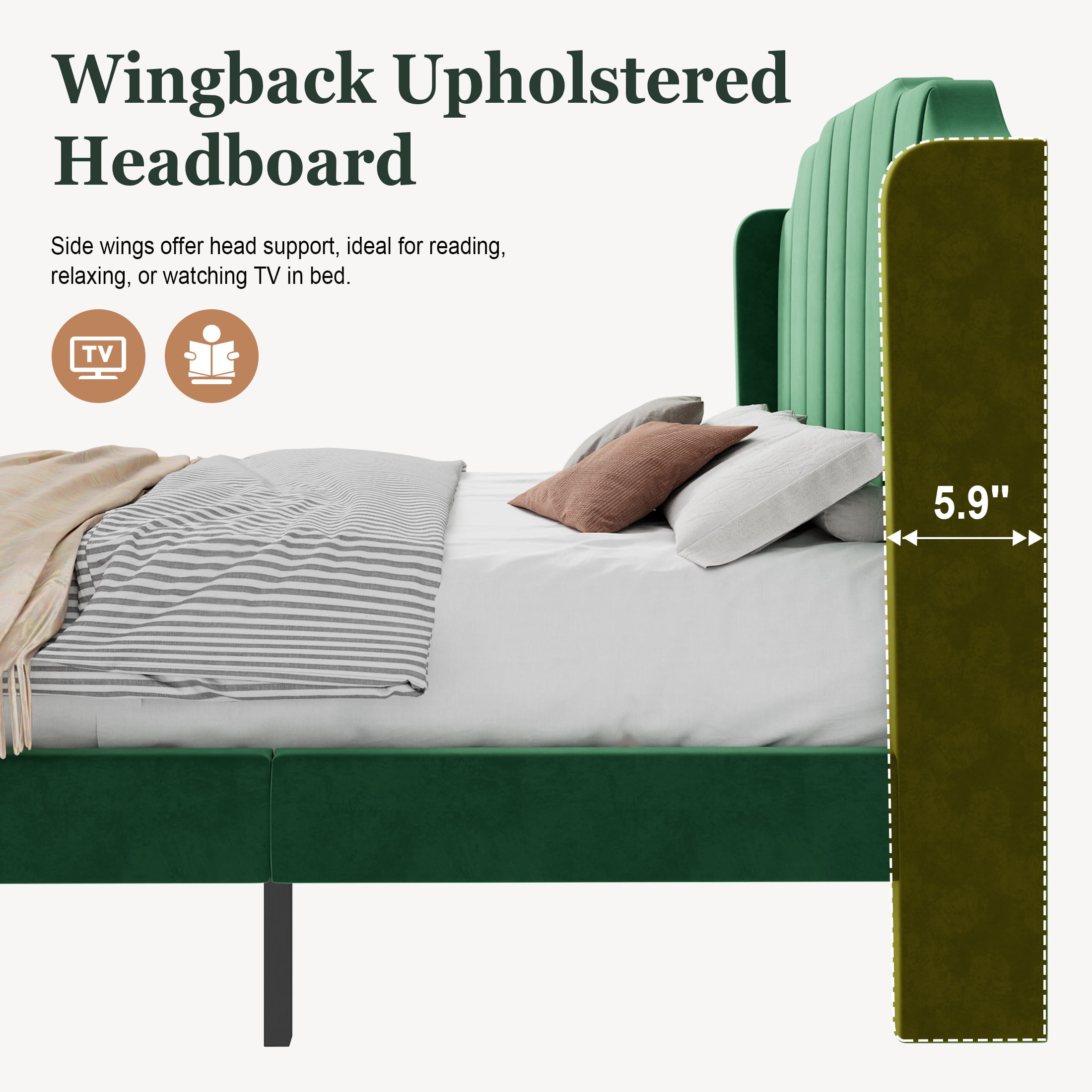 Amolife Full Size Upholstered Platform Bed Frame with USB Ports & Curved Velvet Wingback Headboard, Green