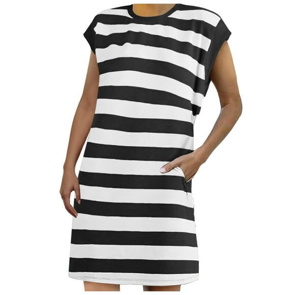 TJAZFJPA Red Prom Dress Womens Striped Summer Dresses 2025 Crewneck Cap Sleeve Color Block Casual A Line Tshirt Dress with Pockets Figure Skating Dress Hoodie Dress