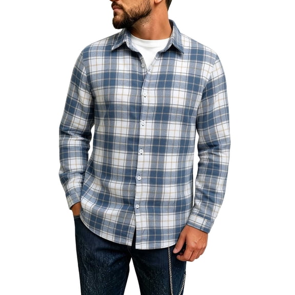 TKKCS Mens Long Sleeve Plaid Button Down Shirts- Midweight Layering Turn Down Collar Casual Flannel Jacket Shirt Light Blue Size XL