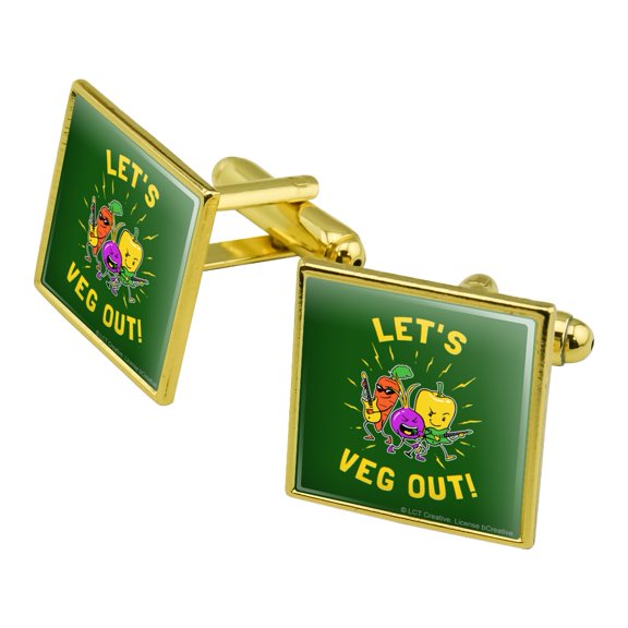 Let's Veg Out Vegetables Rock Relax Funny Humor Square Cufflink Set - Silver or Gold