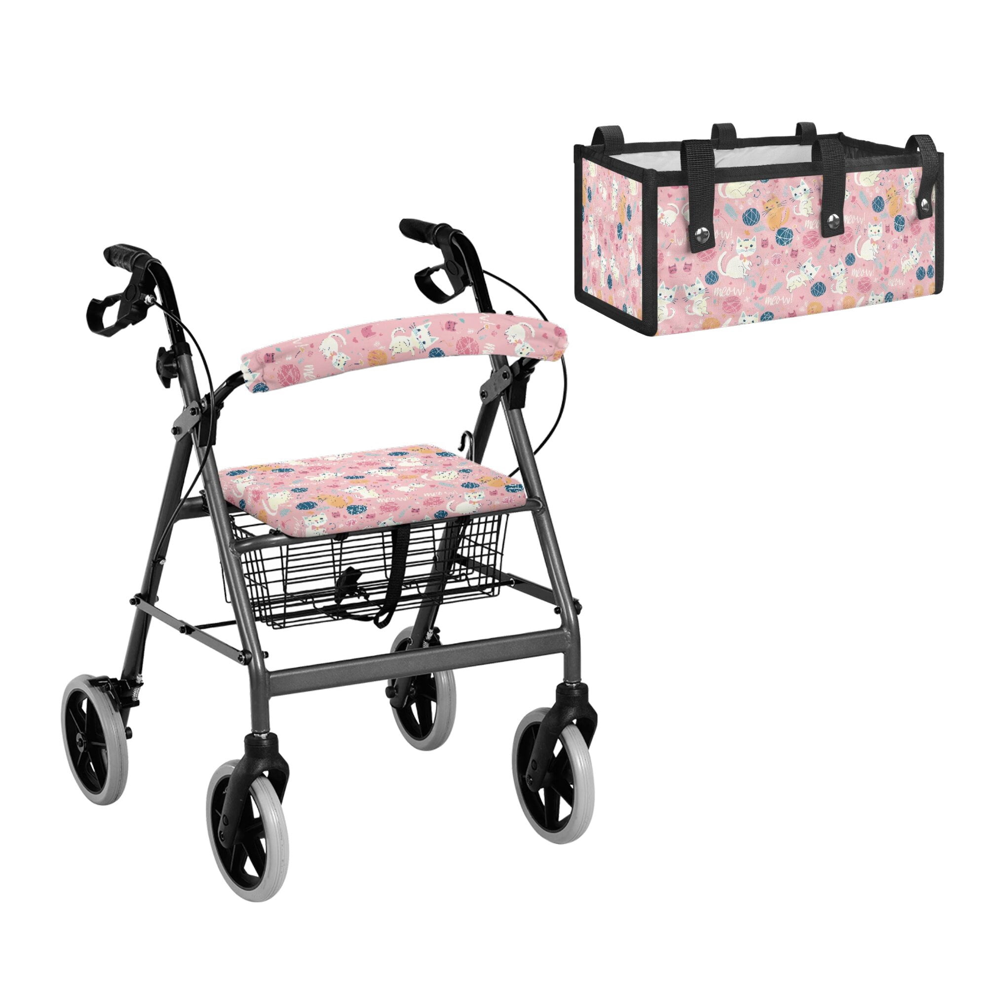 ZIATUBLES Cat Yarn Print 3-Piece Rollator Walker Accessory Set, Walkers Seat and Backrest Covers & Under-Seat Storage Bag, Universal Replacement Walking Aid Accessories