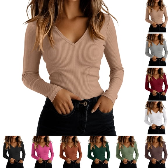 Kamentoy Women Long Sleeve Ribbed Fitted Sweaters Top | Soft Knitted Lightweight, Slim V Neck Shirts, Going Out Work Office Tops, Winter Layer Clothes