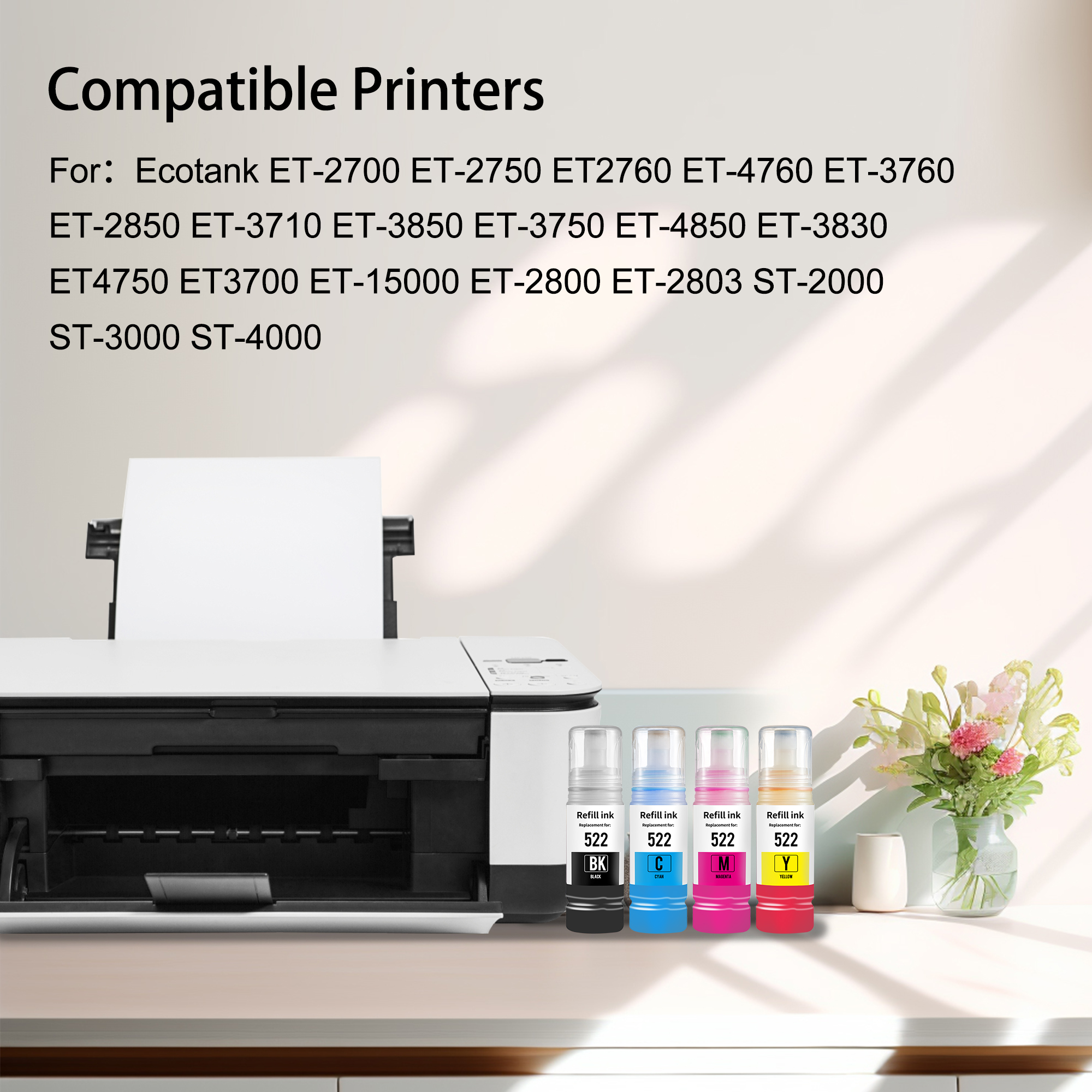 522 Ink Bottles Replacement for Epson ET2720 ET2800 ET2803 ET4700 ET2400 ET4800 ET-4810 Printer Ink Refill(4 Pack)