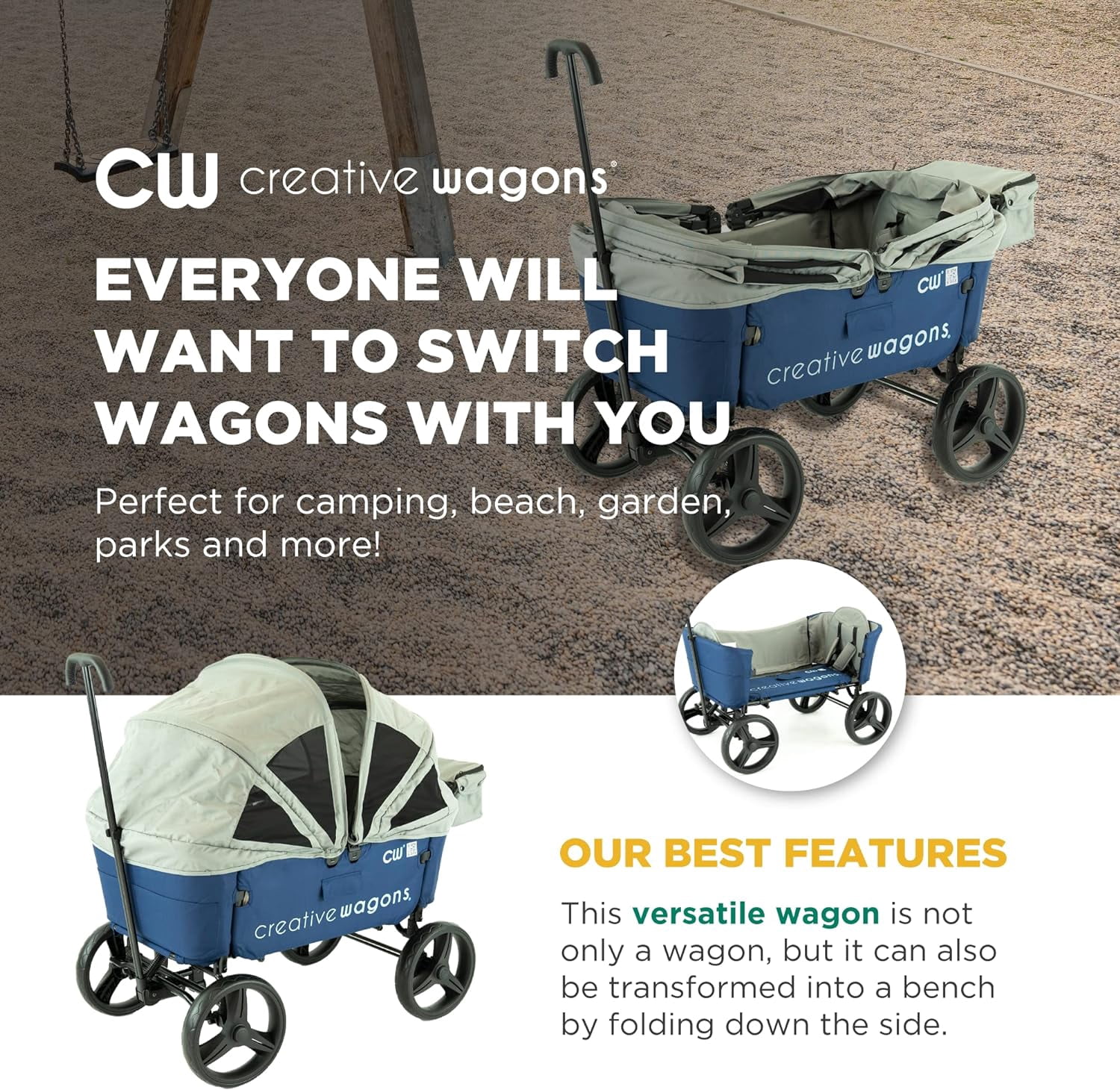 Creative Outdoor Stroller Wagon with Canopy for Kids Push Pull Folding Wagon, Blue