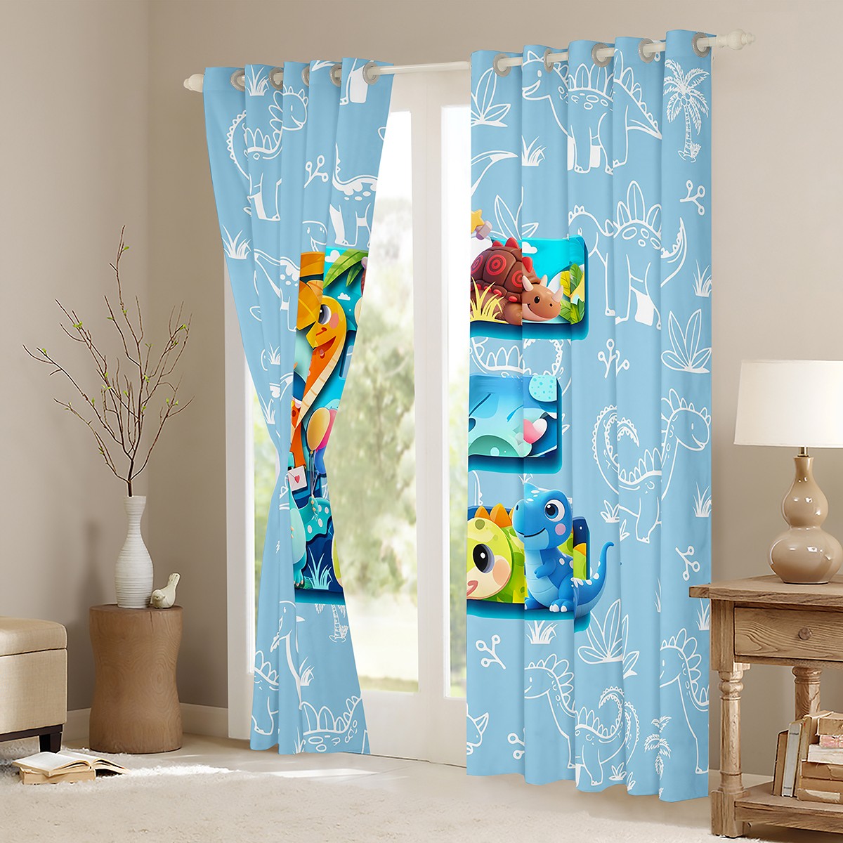 Feelyou Initial E Letter Black Out Curtains, Kawaii Dinosaur Curtains Pack of 2 (42x63 Each), Teen Boy Girl Kid Bedroom Curtains, Living Room Curtains Decor