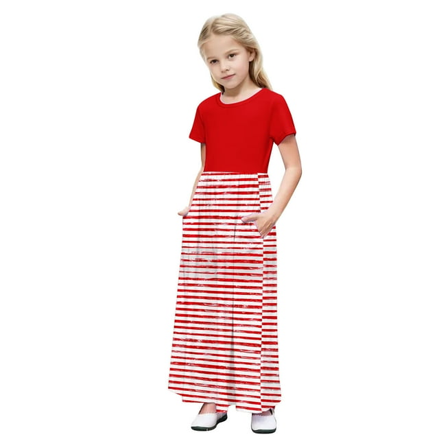Tranfacy Robes d'Été pour Ados, Robes pour Filles Taille 10-12, Robe à Manches Courtes pour Enfants à Col Rond avec Poche, Longues Robes à Rayures Mode