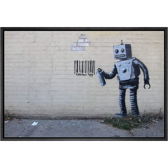 Aaheei Canvas Print Wall Art Banksy Robot with Spray Can & Barcode Graffiti & Street Art Cityscape Illustrations Pop Art Bohemian Scenic for Living Room, Bedroom, Office 8 x 10 in