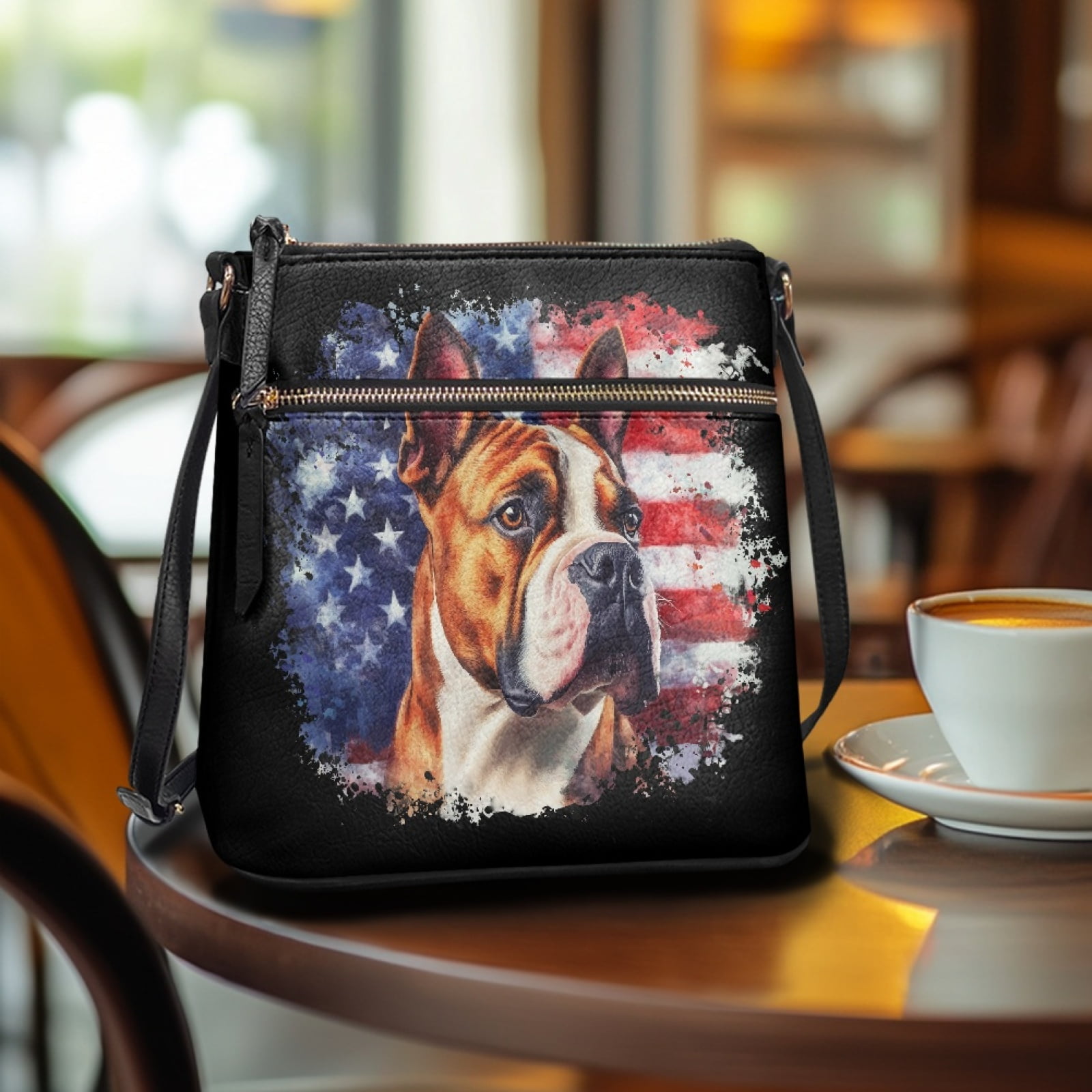 LedBack American Flag Boxer Leather Crossbody Purse for Women Lady, Multi Pocket Hobo Purse Satchel Handbag with Adjustable Strap, Sling Shoulder Handbag Messenger Bag, Gift for Women, Black