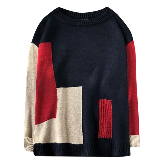 asdoklhq Sweater for Men Plus Size,Men Casual Irregular Contrast Color Sweater with Pullover Round Neck Shirt