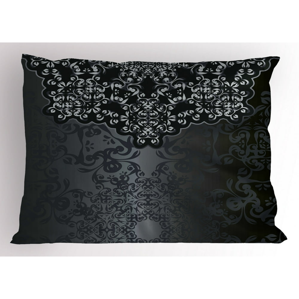 Dark Grey Pillow Sham Vintage Damask Inspired Ornament Victorian Swirls