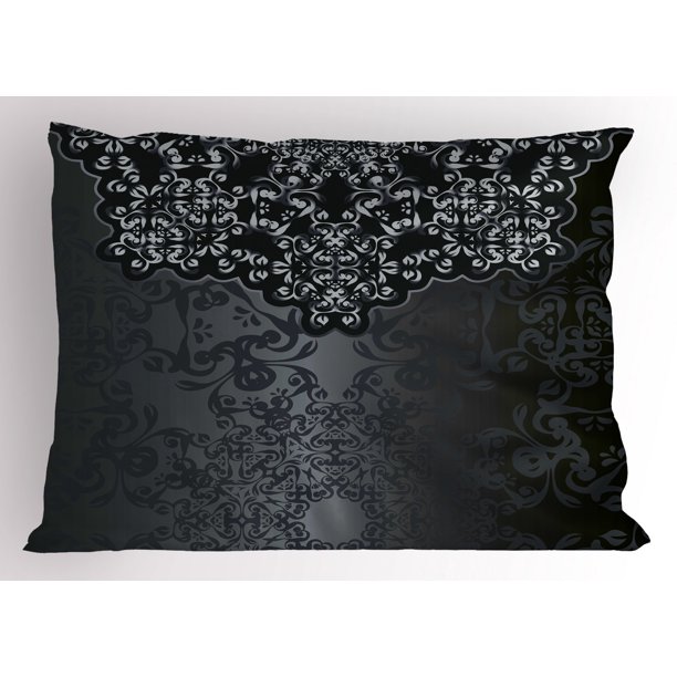 Dark Grey Pillow Sham Vintage Damask Inspired Ornament Victorian Swirls