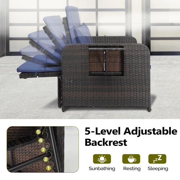 Patio Rattan Daybed Set, 2-in-1 Wicker Loveseat Sofa with Multipurpose Ottoman & Retractable Side Tray, 5-Level Adjustable Backrest, Footstool with Storage, Seat & Back Cushion Included, Brown