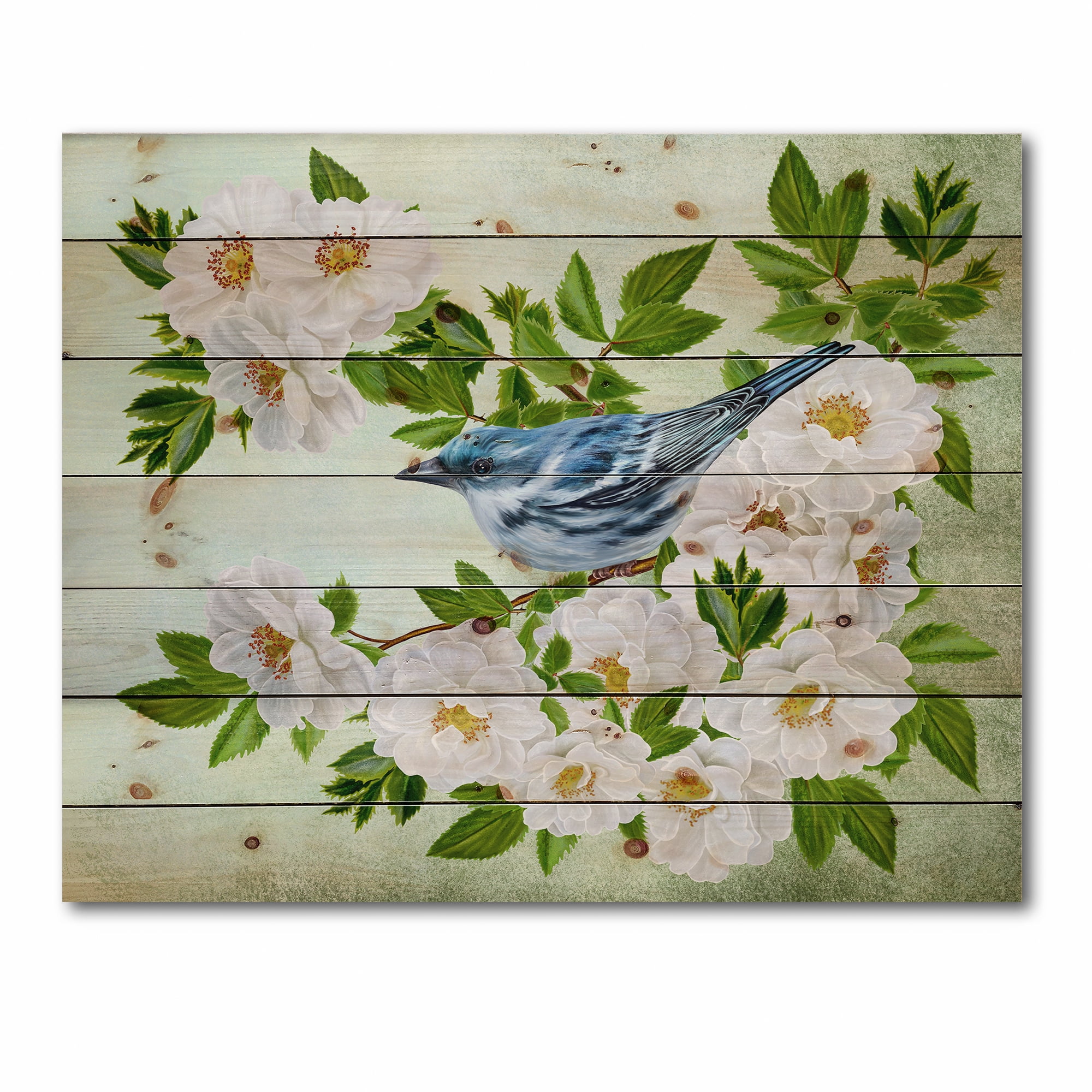 Designart 'Little Blue Bird Sitting On A Branch of White Rose Plant' Traditional Print on Natural Pine Wood