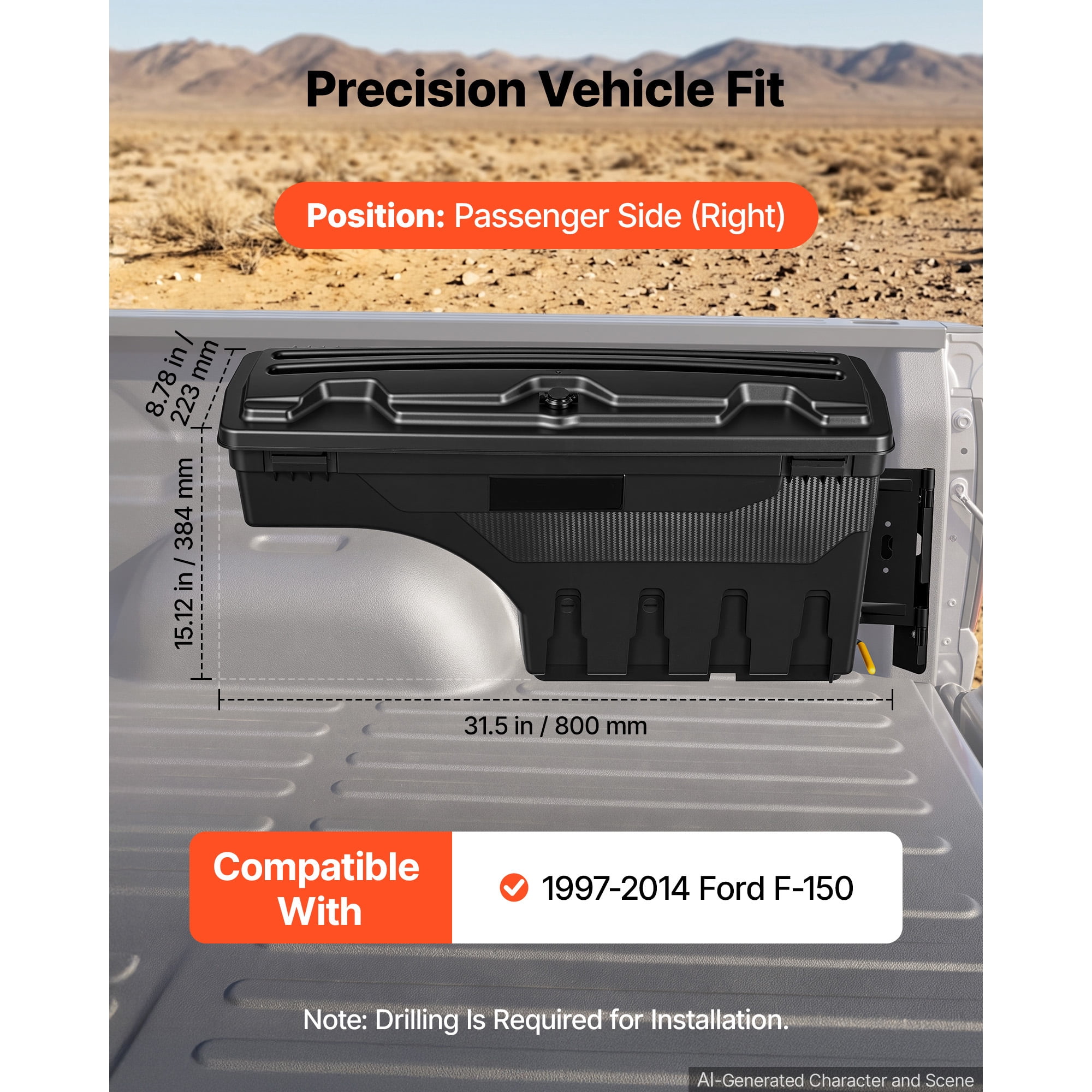 KFFKFF Truck Bed Storage Box, 6.6 Gal/25 L Waterproof ABS Wheel Well Tool Organizer with Combination Lock, Fits 1997-2014 Ford F-150, Passenger Side Right (Drilling Required)