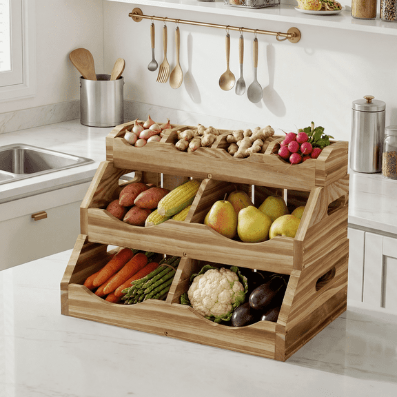 HAIDAIYA Potato Onion Storage Bins for Pantry, Wooden Stackable Fruit Vegetable Organizers Baskets, Ventilated Kitchen Countertop Containers for Garlic, Lemon, Condiment, 3 Tier