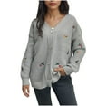 thumbnail image 3 of Fengqque Womens Long Sleeve Sweaters Embroidered Fall Trendy V Neck Knit Drop Shoulder Pullover Sweater Tops Gray 4(S), 3 of 4