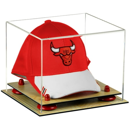 Acrylic Display Case Wood Base - Deluxe Clear Acrylic Basketball Hat or Cap Display Case with Red Risers and Wood Base (A006-RR)