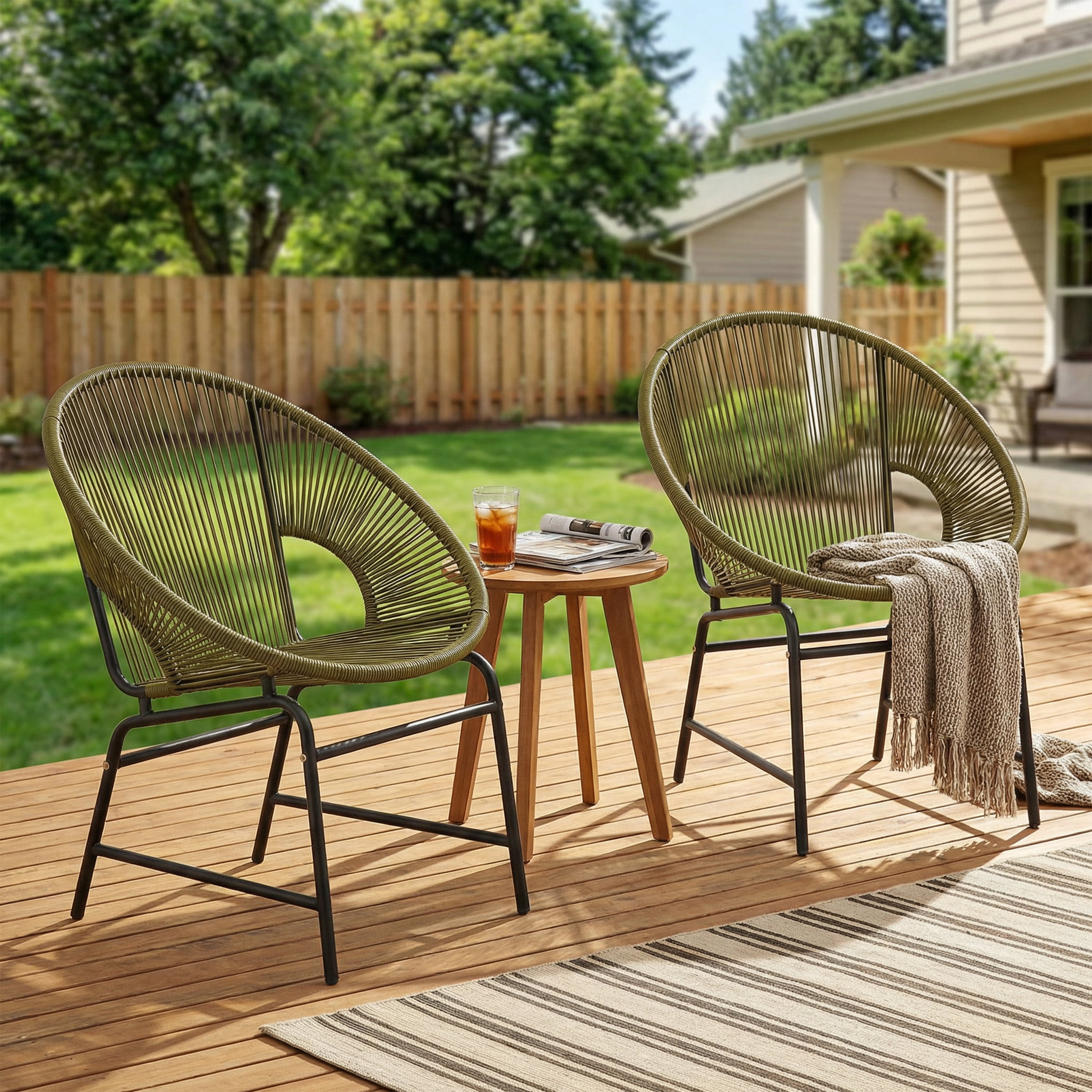 Outdoor PE Rattan Wicker Chairs Set of 2 with Iron Frame for Garden Porch Balcony, Green