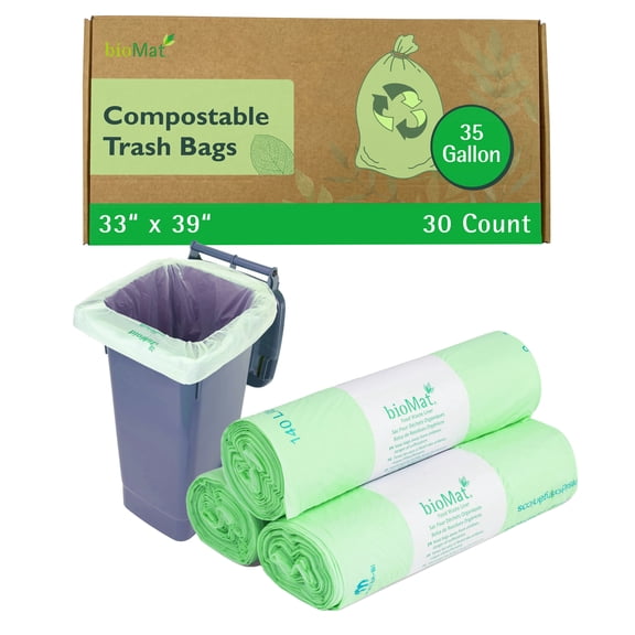 bioMat 35 Gallon Compostable Trash Bags Liners, BPI ASTM D6400 & CMA Certified, 30 Bags
