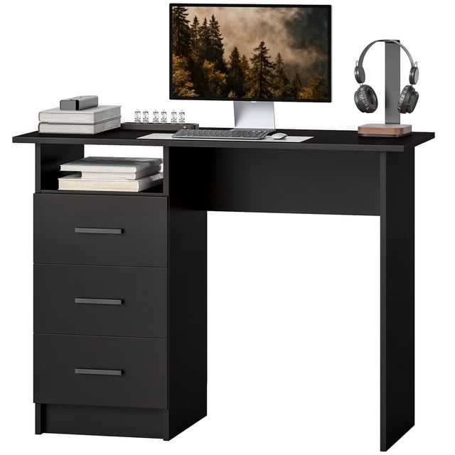 Black 39" Computer Desk with 3 Drawers & Shelf | Modern Home Office Writing Table for Bedroom & Study | Particle Board Desk