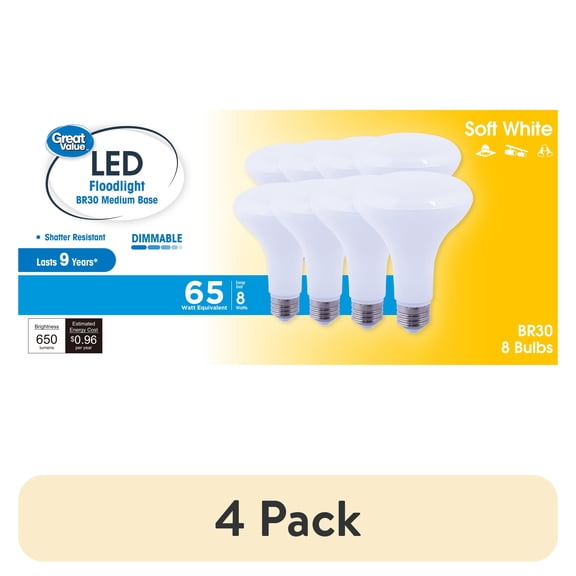 (4 pack) Great Value BR30 LED Floodlight Bulb, 8-Watt (65W Equivalent) Dimmable, Soft White, E26 Base, 8 Pack