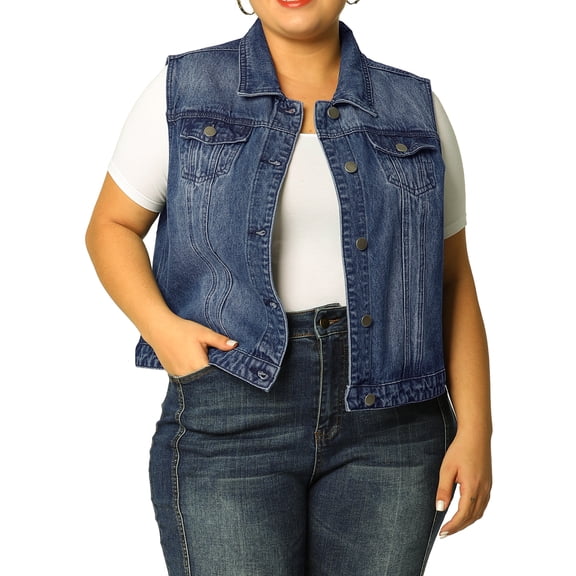 Agnes Orinda Women's Plus Size Casual Button Sleeveless Denim Vest Jacket 6X Blue
