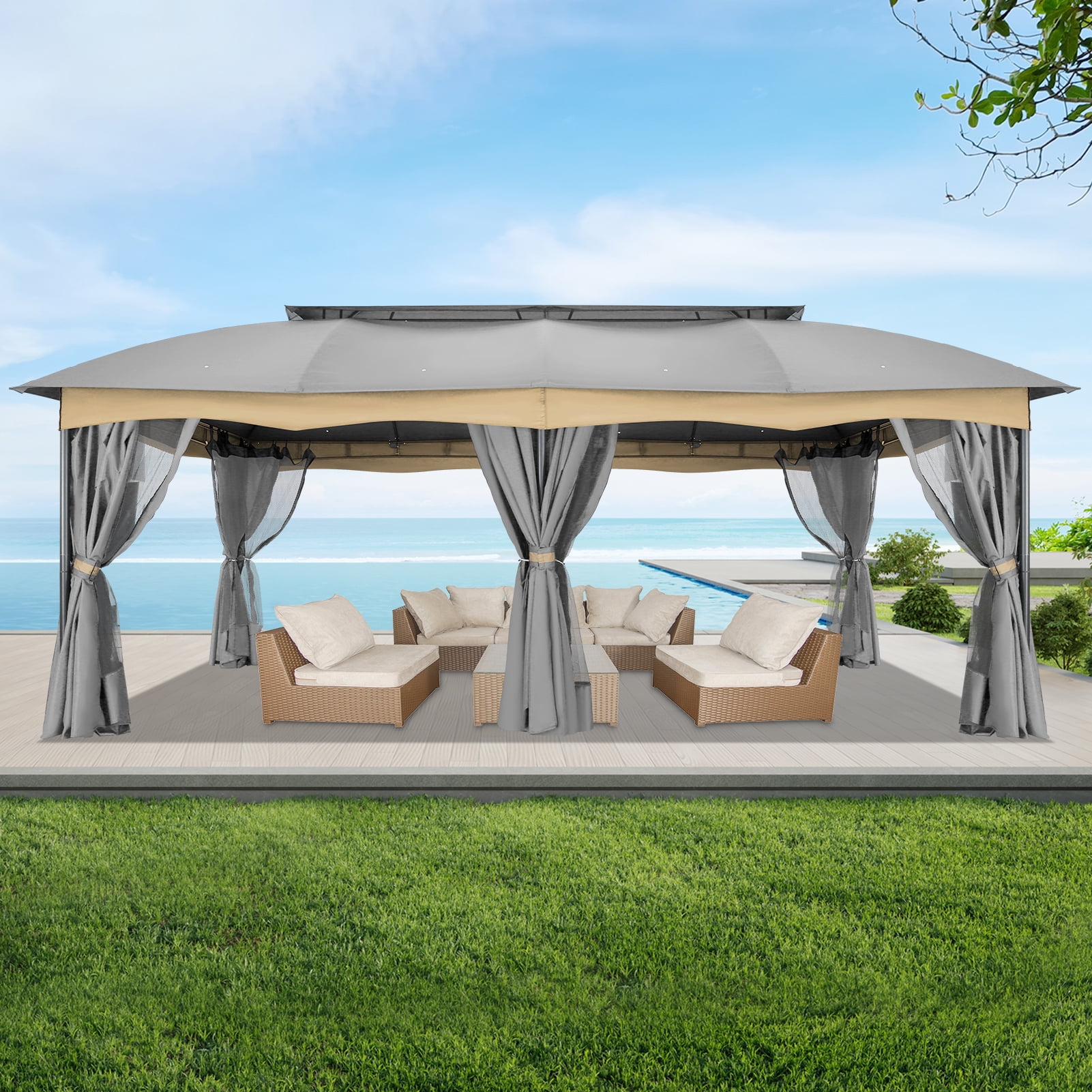 COBIZI 12X20 Heavy Duty Gazebo Outdoor Gazebo with Mosquito Netting and Curtains, Canopy Tent Deck Gazebo with Double-Arc Roof Ventiation and Metal Steel Frame Suitable for Lawn, Backyard, Patio,Gray