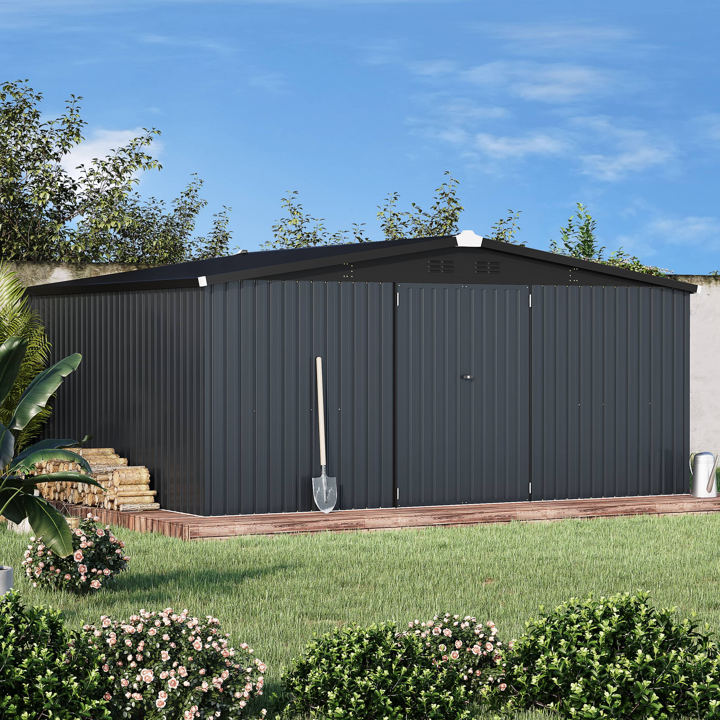 AECOJOY 14' x 12' Outdoor Storage Shed with Lockable Door Patio Metal Garden Storage Building in Dark Gray for Outside