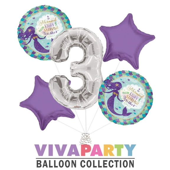 Mermaid Kisses and Starfish Wishes Round Balloon Bouquet 5 pc, 3rd Birthday, Silver Number 3 Jumbo Balloon | Viva Party Balloon Collection