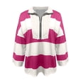 thumbnail image 4 of Women Plus Size Striped Tee Shirts Half Zip Long Sleeve V Neck Color Block Loose Fitting Casual Pullover Tee Tops,Hot Pink,M, 4 of 5