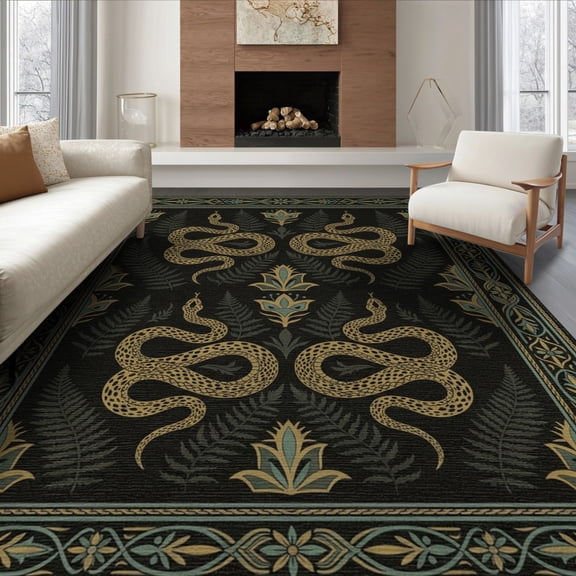 ODIKA 6'x9' Washable Area Rug Snake Vintage Forest Serpent Teal Botanical Repeating Border for Family Room, Living Room, Master Bedroom, Non-Slip, Easy Care