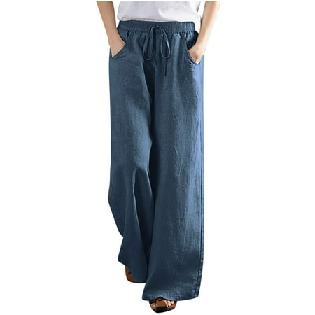 VEKDONE Womens Cotton Linen Wide Leg Pants Summer Elastic High Waisted Straight Trousers with Pockets Casual Loose Drawstring Palazzo Pant Solid Color Long Pants