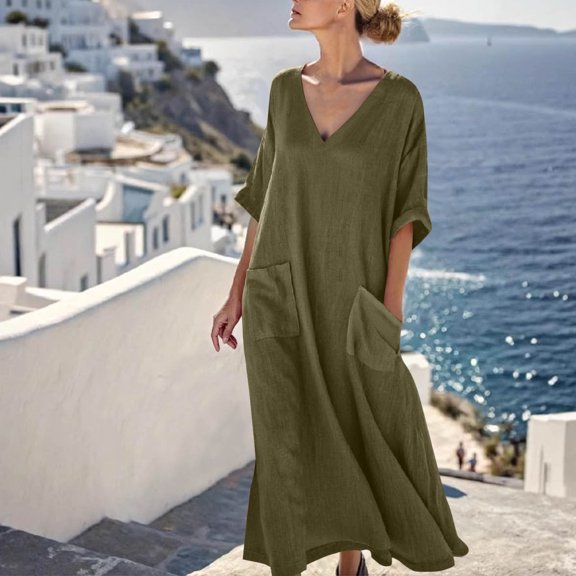 SKIYLEVZ Women's V-Neck Loose Maxi Dress Casual Oversized Kaftan Dress Solid Color Short Sleeve Long Dress for Beach Army Green S