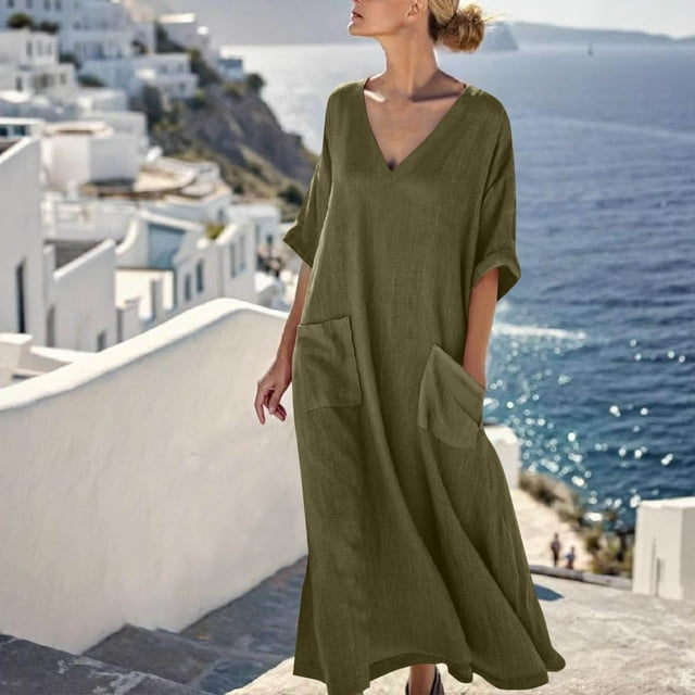 Ndbuld Robe d'Été Bohème pour Filles Robe de Soleil Mode Décontractée pour Femmes Col en V Couleur Unie Manches 3/4 avec Poches Robe Longue Liquidation à Moins de 5$