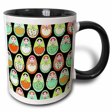 

3dRose Cute Russian Matryoshka Nesting Dolls Print - Warm Colors Black - Two Tone Black Mug 11-ounce