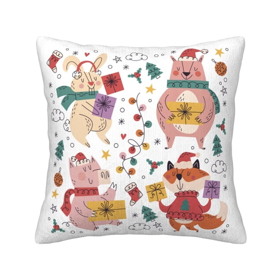 Square Throw Pillow Covers with Core, Animal Christmas Hand Drawn Pillows for Sofa Beds, 16"x16"