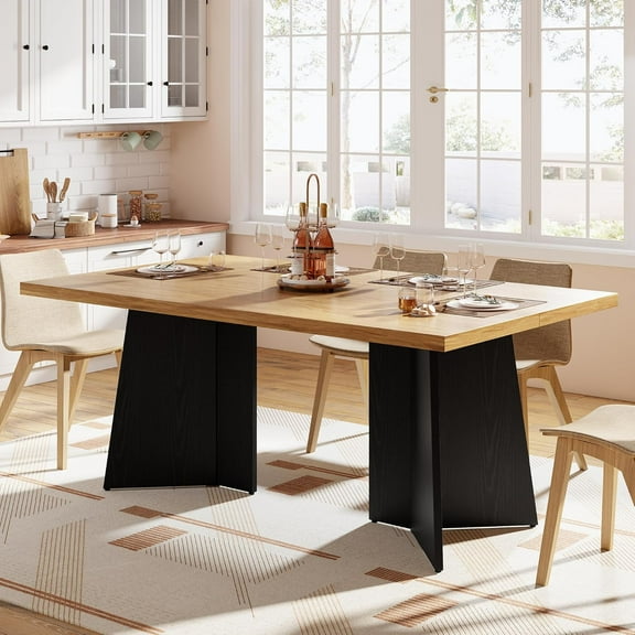 63" Long Dining Table for 6-8 People - Kitchen Table with Extra Thickened Tabletop & Heavy Duty Base Legs, Modern Rectangular Dinner Table for Kitchen, Conference Room, Home, Natural & Black