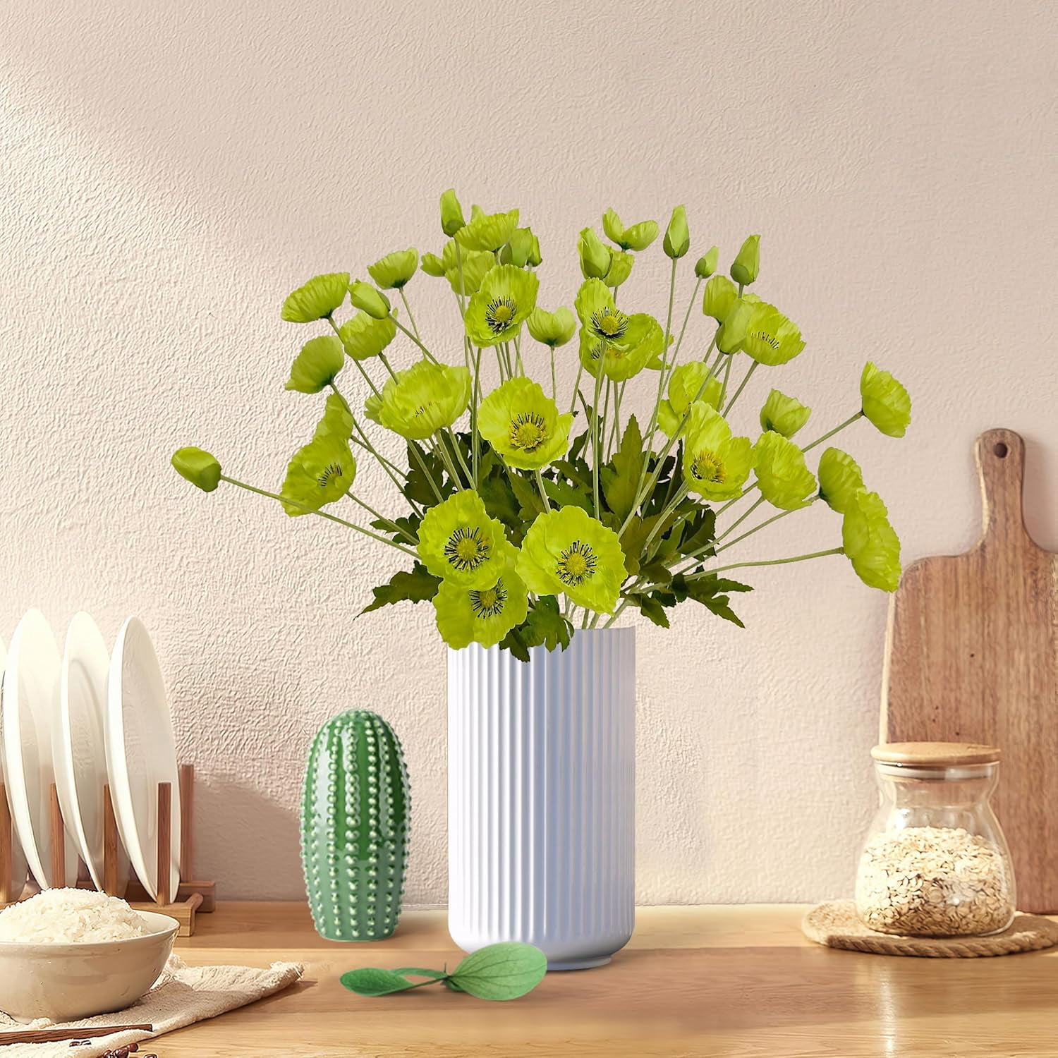 Green Poppy Flowers Artificial Bouquet for Wedding,12 Pcs Fake Faux Silk Poppies Bulk for Home Decor Table Centerpieces Floral Arrangement(23.5‘’, Green)