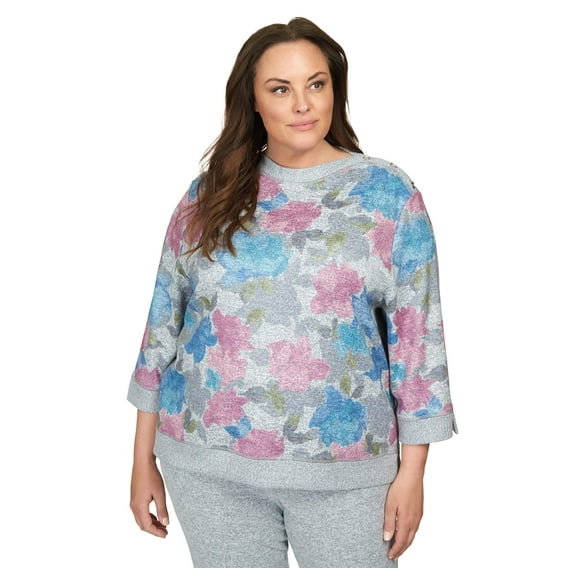 Alfred Dunner Comfort Zone Floral Sweater with Slit Hem (US, Alpha, X-Large, Regular, Regular, Standard, Multi)