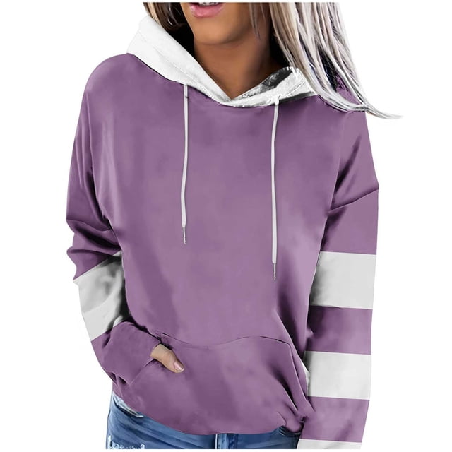 KIHOUT Fashion Hoodies for Women Solid Color Patchwork Pullover Long Sleeve Loose Drawstring Hooded Fall Winter Sweatshirts with Pocket, Size S-3XL