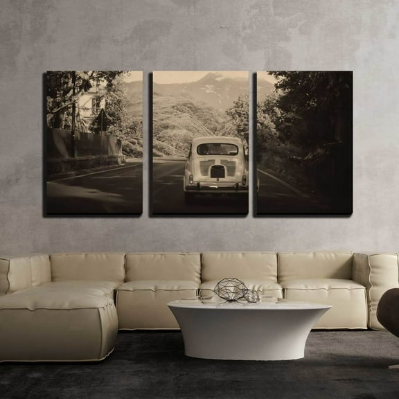 wall26 - 3 Piece Canvas Wall Art - Sepia Photo of a Retro Car Going to Mountains - Modern Home Art Stretched and Framed Ready to Hang - 16"x24"x3 Panels