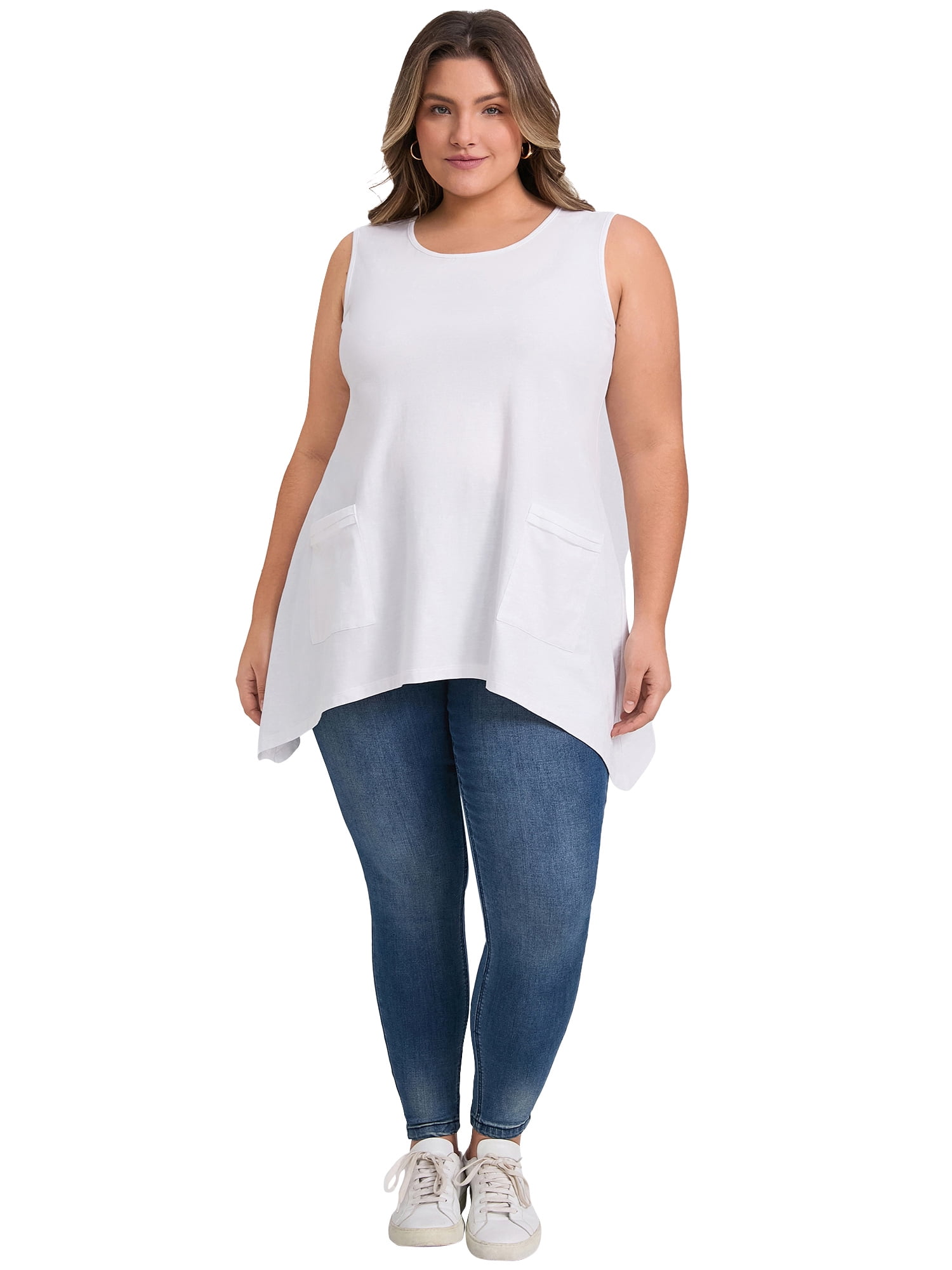 DARING DIVA Women's Plus Tank Top High Low Hem Casual Blouse with Pockets 3X White