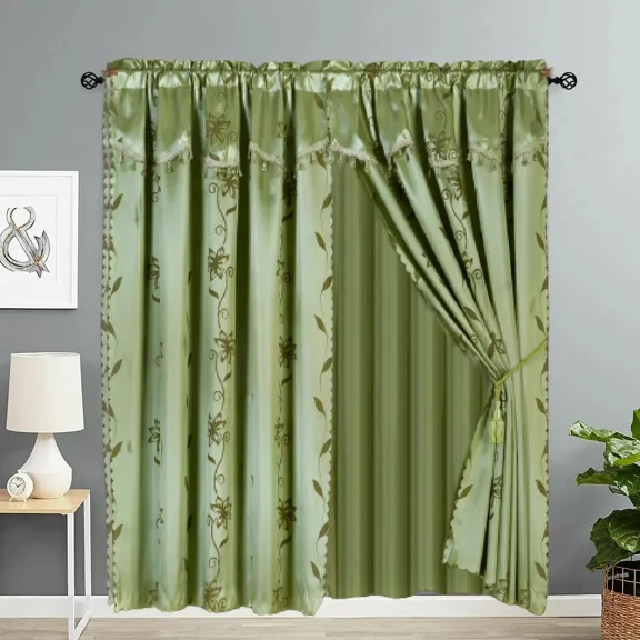 Gorgeous Home Linen 2pc Complete Set Faux Silk Floral Print Rod Pocket Window Curtain Semisheer Sage Green color 120" W x 84" L Nada Style