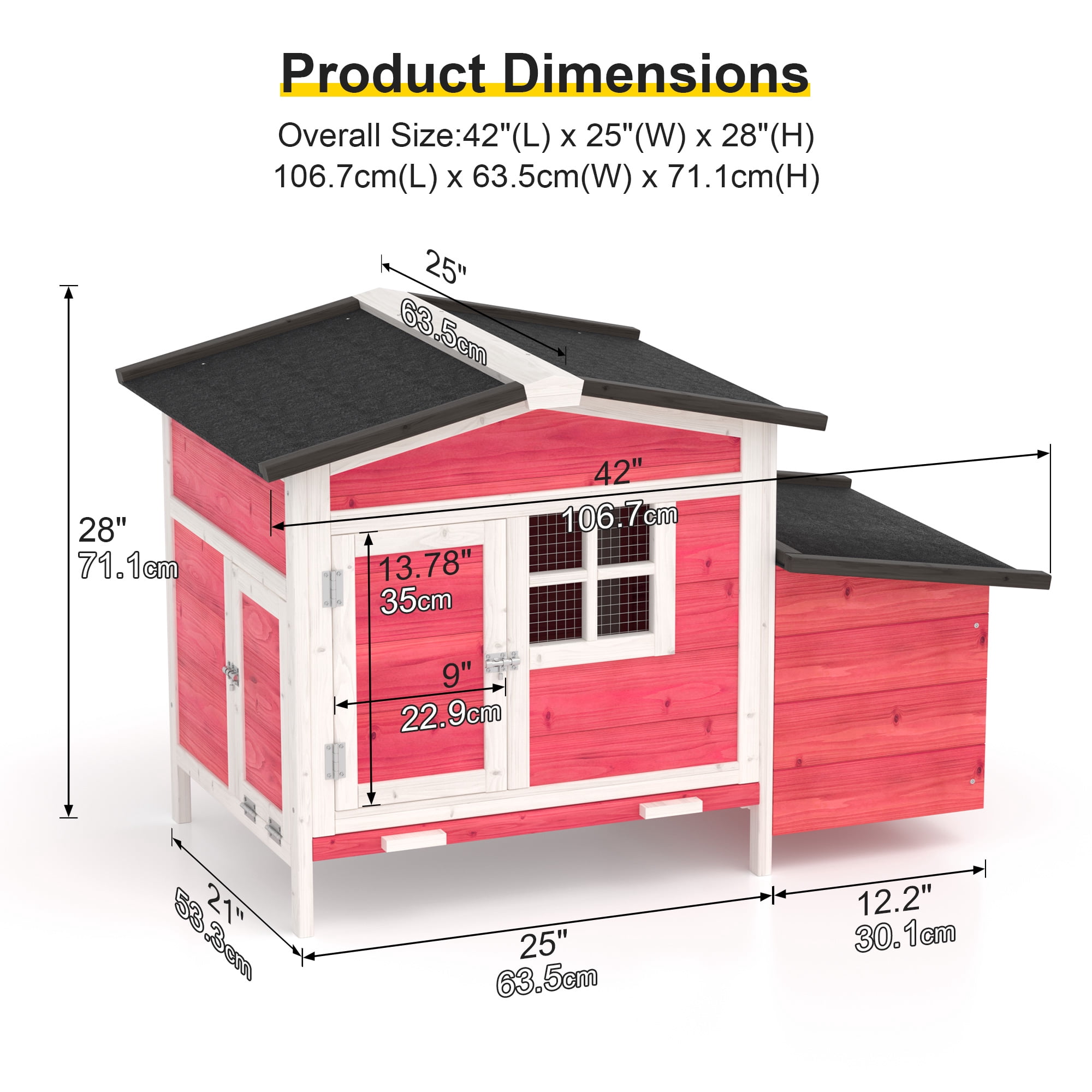 Outdoor Chicken Coop Rabbit Hutch Wooden Hen House w/ Nesting Box & Tray Poultry Cage for Outdoor Indoor, Red
