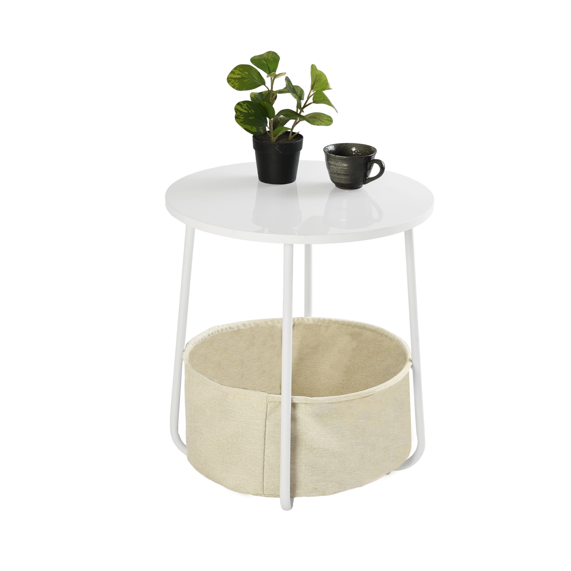 Small Round Side Table, Modern Nightstand with Fabric Storage Basket, U-Shaped Steel Frame End Table for Living Room Bedroom