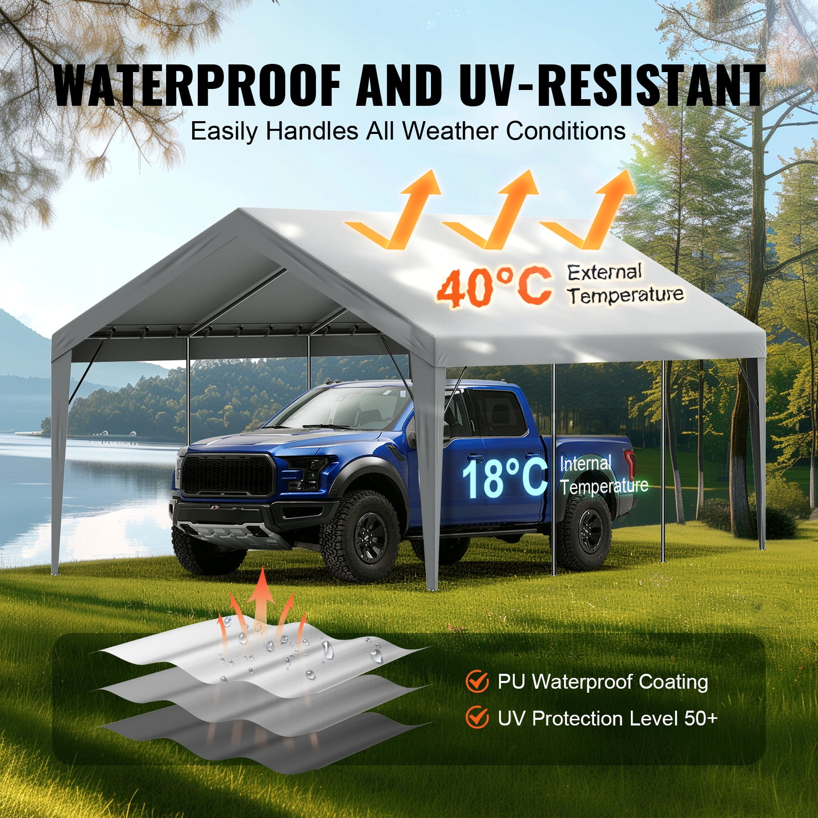 KFFKFF 12 x 20 Feet Carport Replacement Canopy Car Shelter Cover Gray